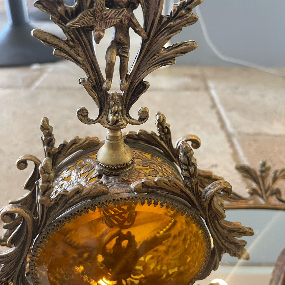 Antique Vanity French Ormolu Hollywood Regency Gold Filigree Beveled Amber Glass - Picture 6 of 7
